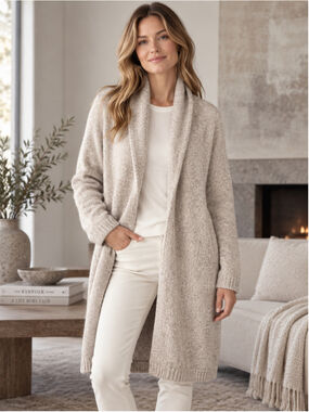 Wool House Cardigan Women’s XS 100% Wool Longline Shawl Collar Scandi Oatmeal
